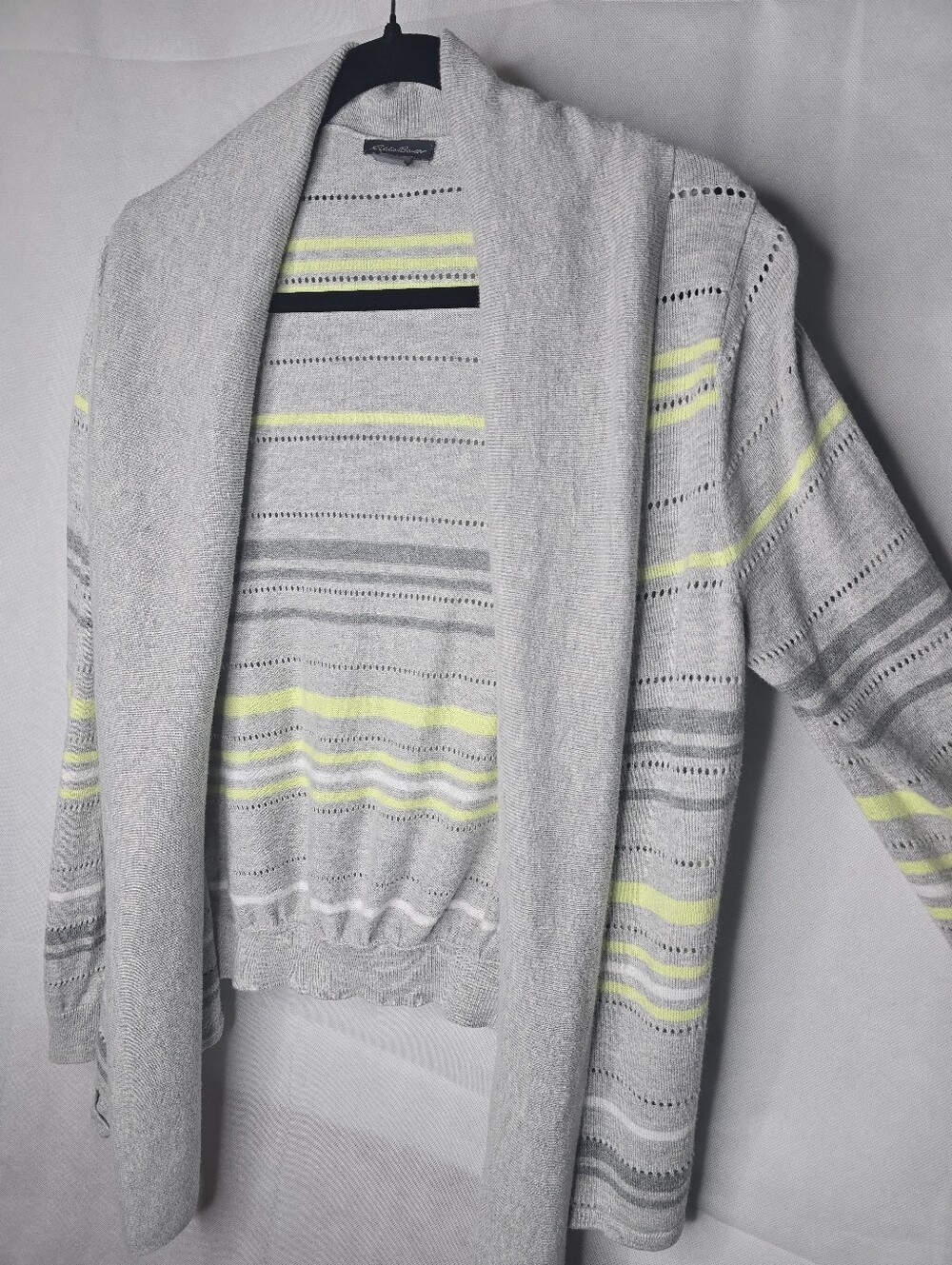 Eddie Bauer Cardigan Sweater Gray Yellow Striped Shawl Collar Open Front L